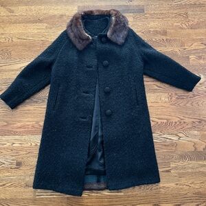Vintage Boucle 1950s Michel Daniel Black Coat with Brown Fur Collar